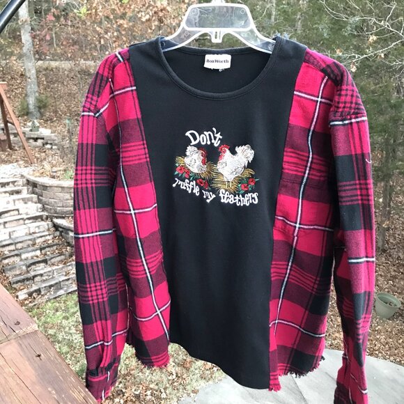 Upcycled Flannel Tee, Size S-M: Reworked Oversized Chickens Graphic Pullover - Picture 9 of 11
